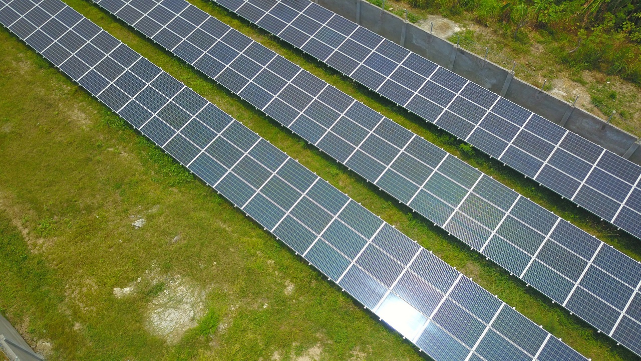Top view of solar panels in a field