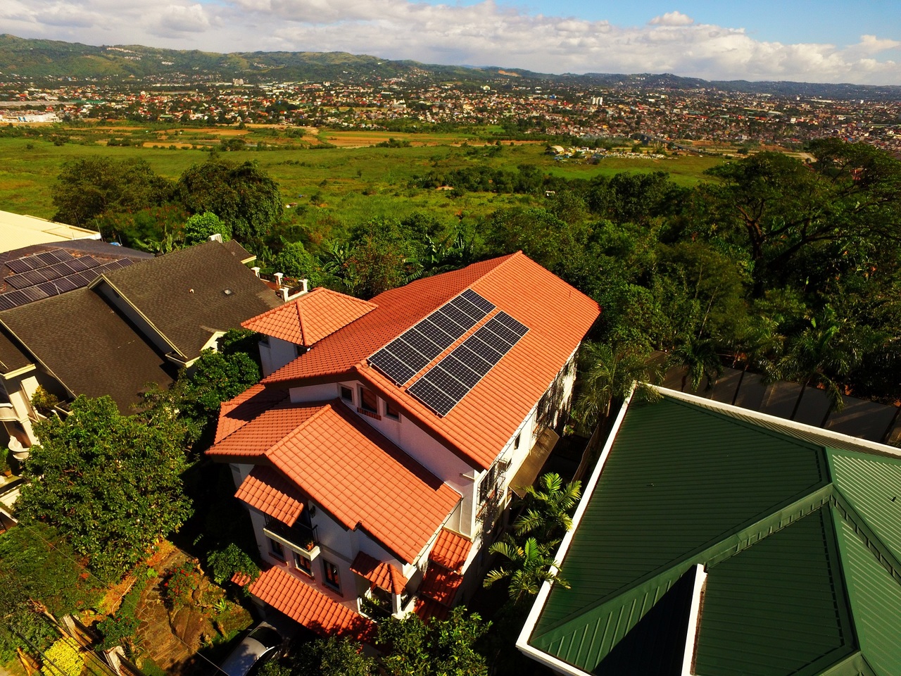 Top view of a house with solar
