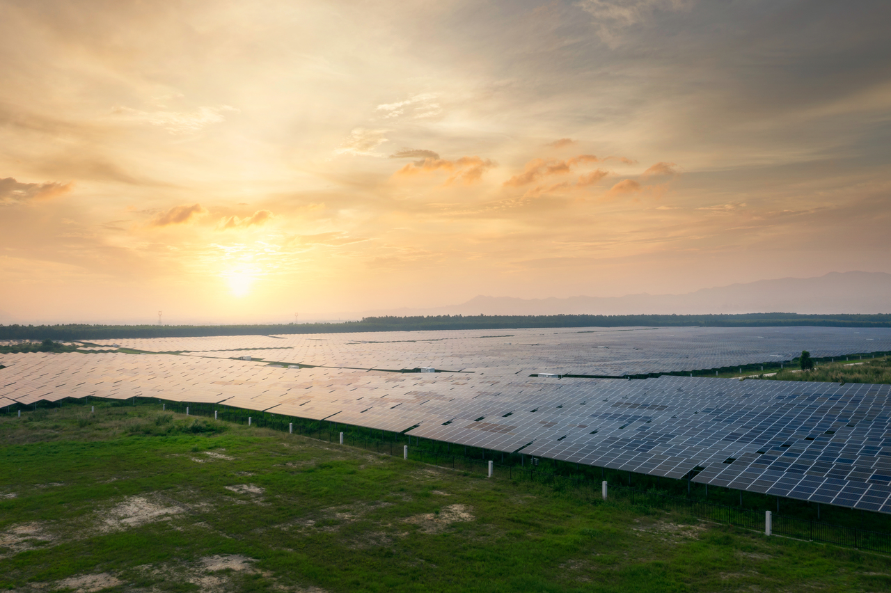 A large amount of solar panels located on a large field