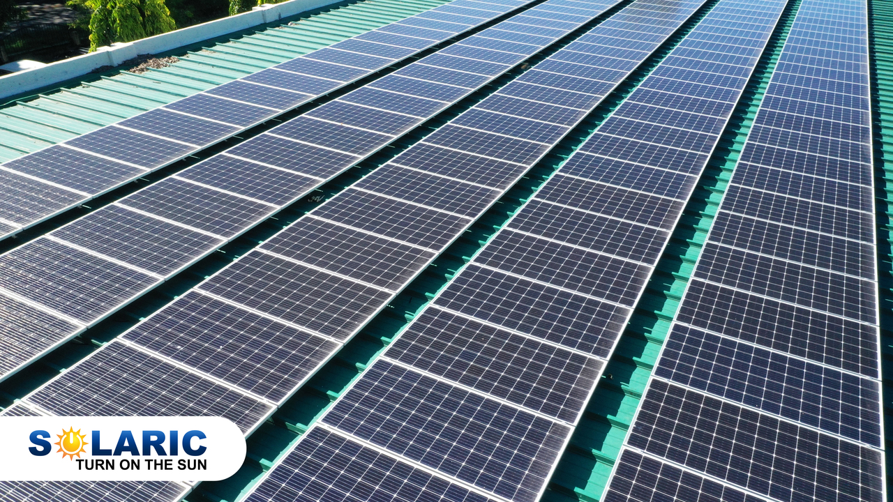 Close up of a roof full of solar