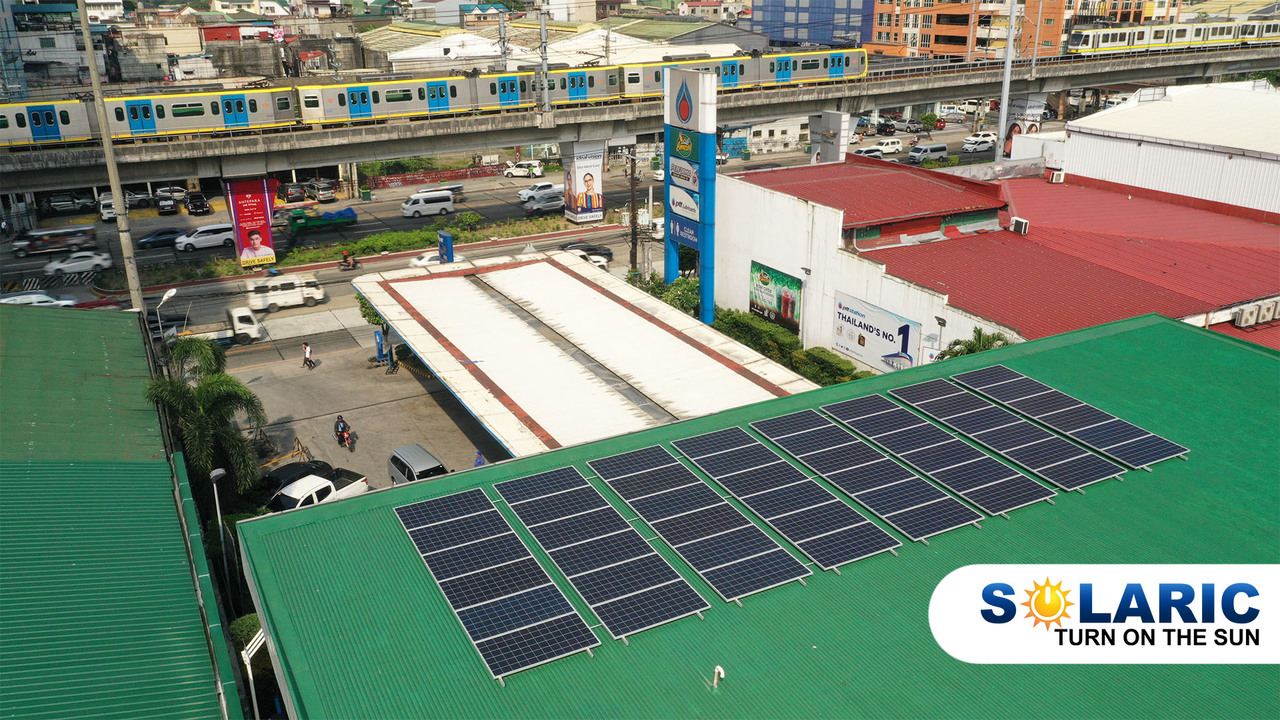 Top of a gasoline station with solar panels