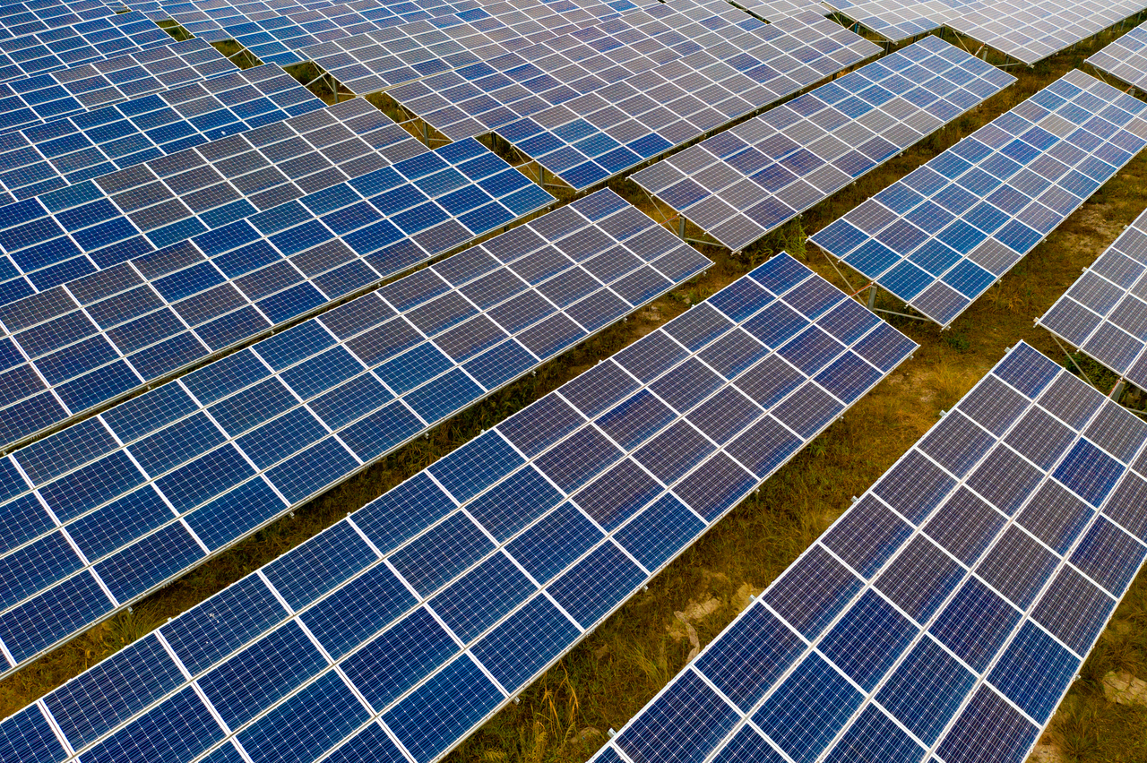 A large number of solar panels scattered and organized in a field