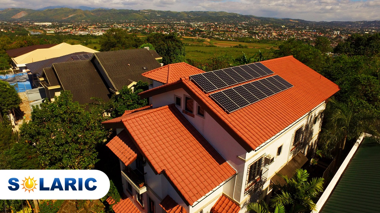 Top shot of solar panels on a roof